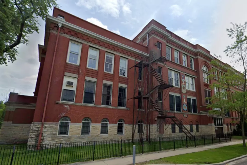 Google Maps street view of historic red brick school building in CHicago, Illinois